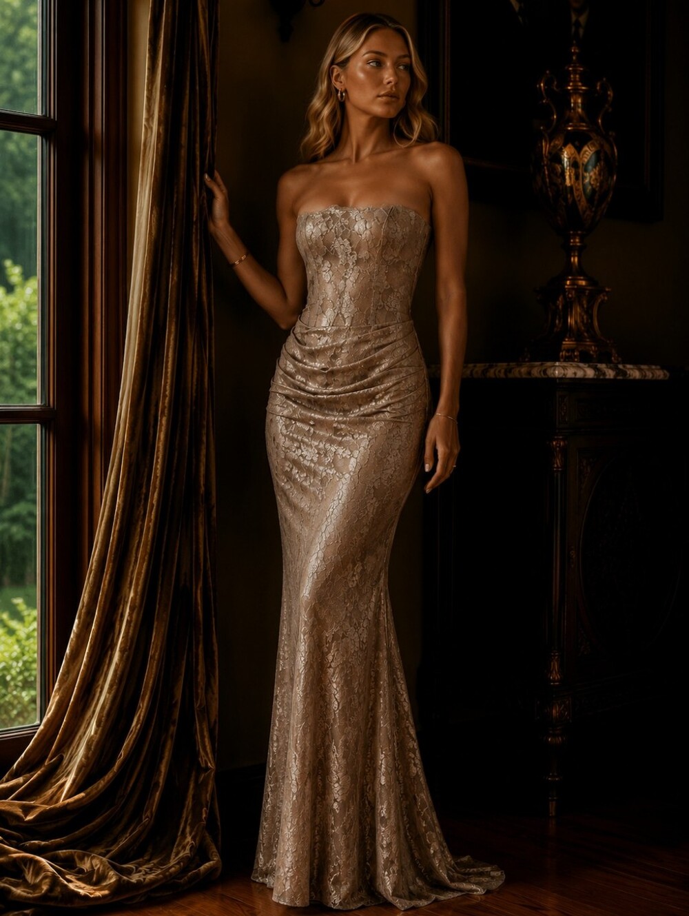NWOT House Of Cb Persephone Strapless Lace-Detail Evening Gown Metallic Gold S